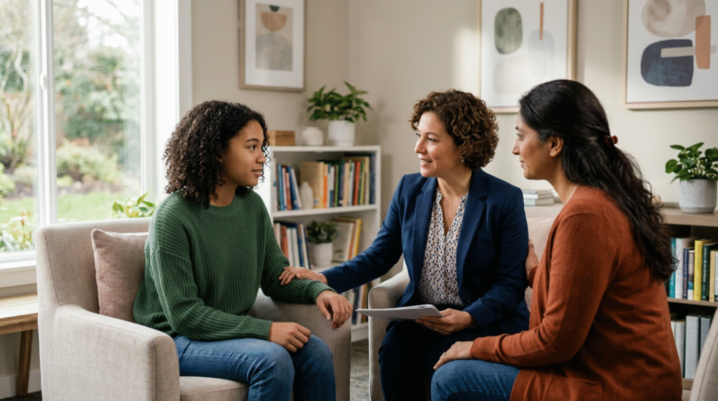 A diverse group of teenagers interacting calmly with a supportive adult in a comfortable setting, representing the assessment and support process for autistic teens.