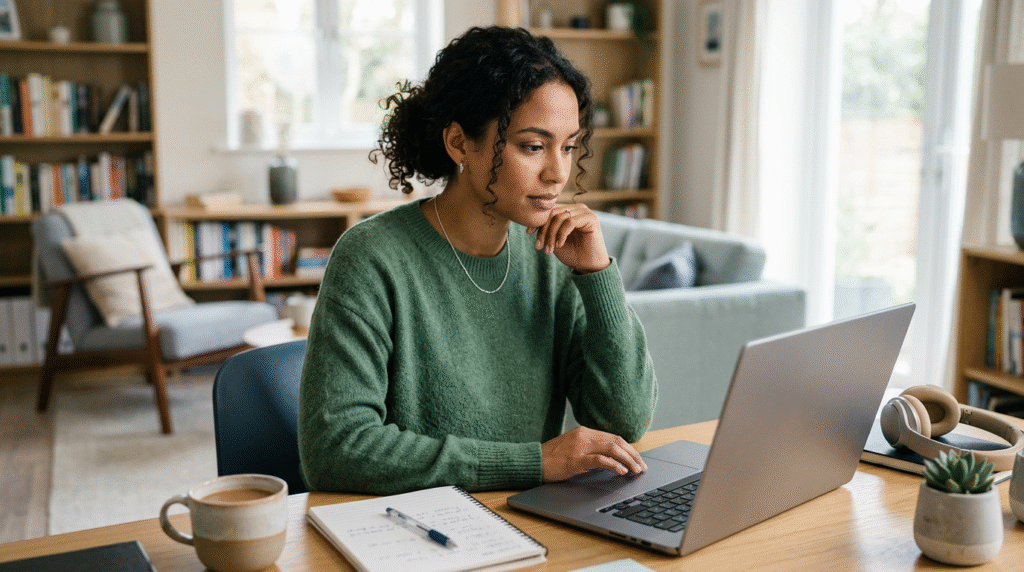 An adult thoughtfully reviewing an online autism questionnaire on a laptop, with abstract neural patterns in the background, symbolizing self-reflection and evaluation.
