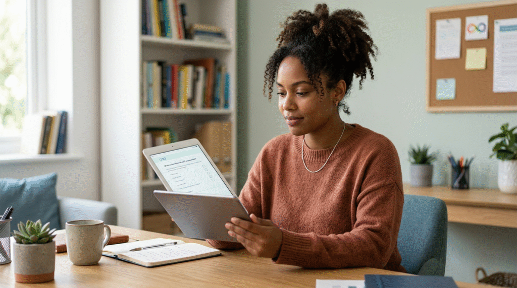 An adult looking at an online questionnaire on a laptop, representing self-reflection on potential autistic traits.