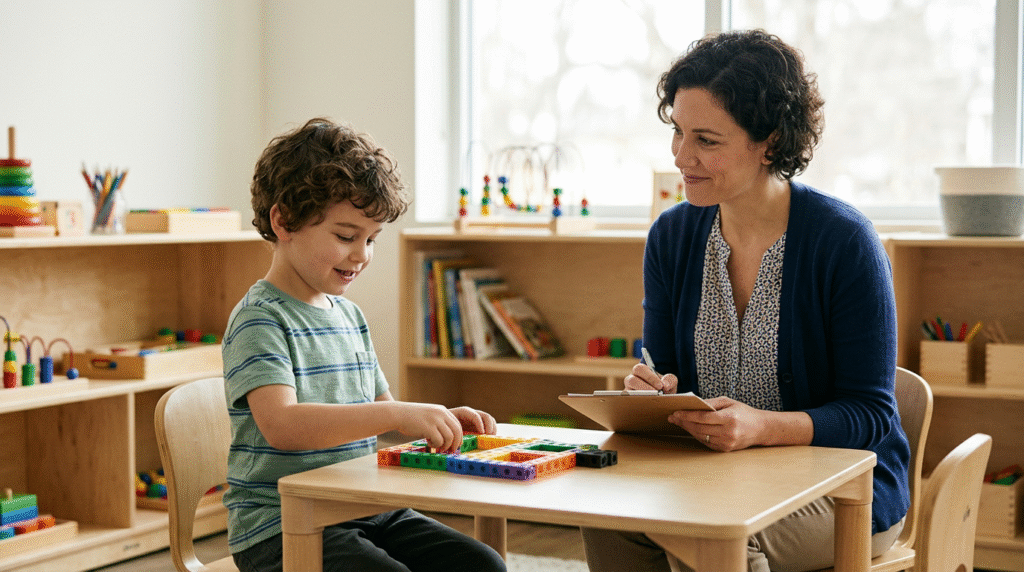 A child playing with blocks while a developmental pediatrician observes, demonstrating a typical autism assessment setting for kids.