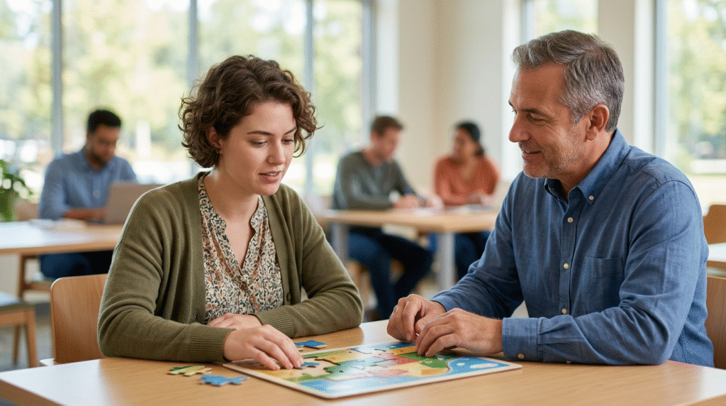 Diverse group of autistic individuals and their support systems, illustrating varied communication styles and interactions in different environments.
