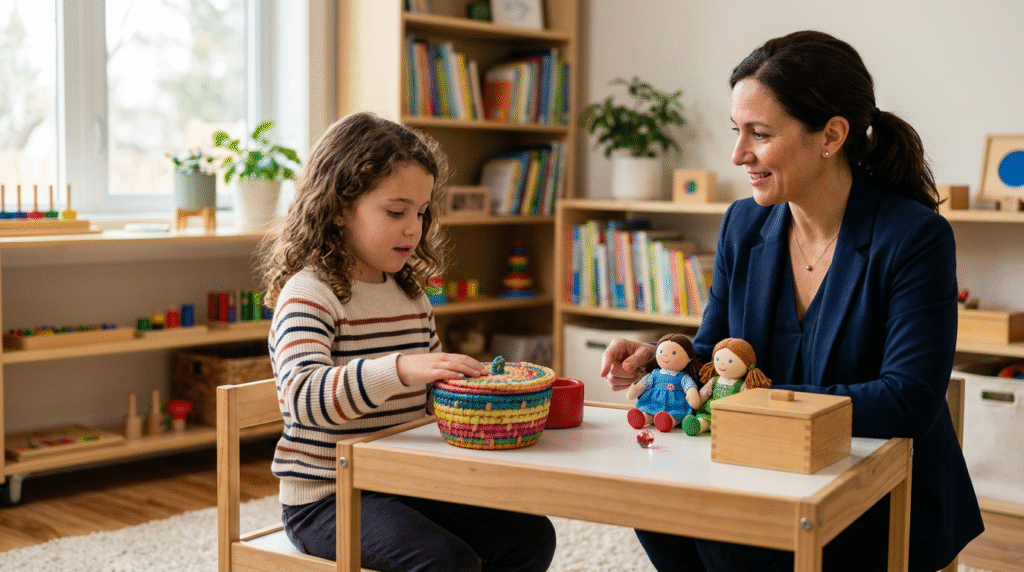Illustration of the Sally-Anne test setup with two dolls, Sally and Anne, a basket, a box, and a marble, representing a false-belief task.