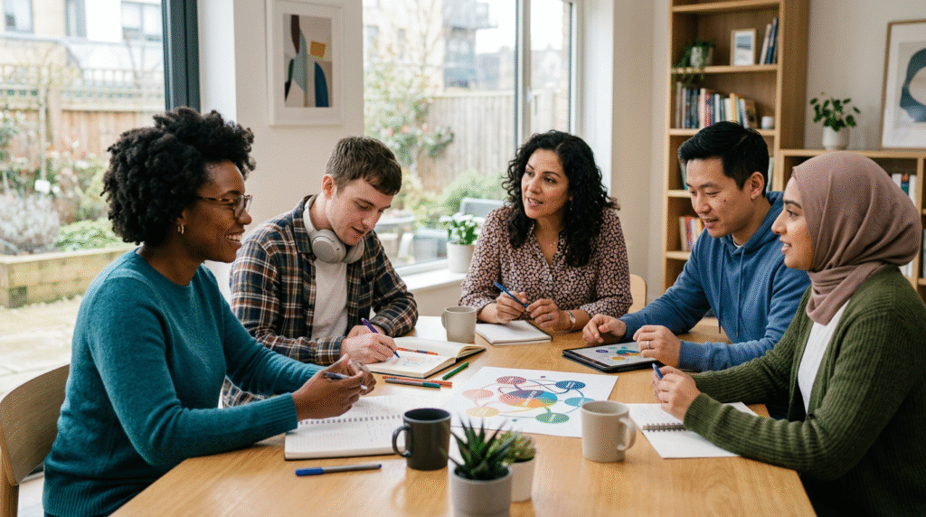 A diverse group of individuals engaged in different activities, some interacting socially, others focused on personal interests, illustrating the natural variation in human behavior and neurotypes.