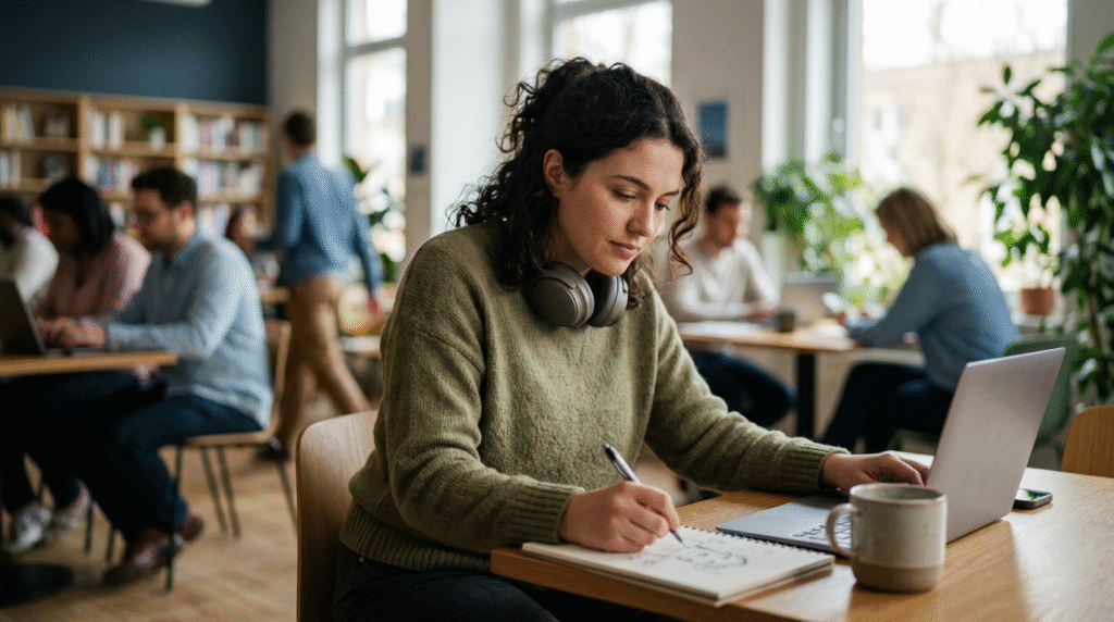 An adult with Level 1 Autism Spectrum Disorder calmly organizing tasks at a desk, wearing noise-canceling headphones, illustrating effective daily living strategies.
