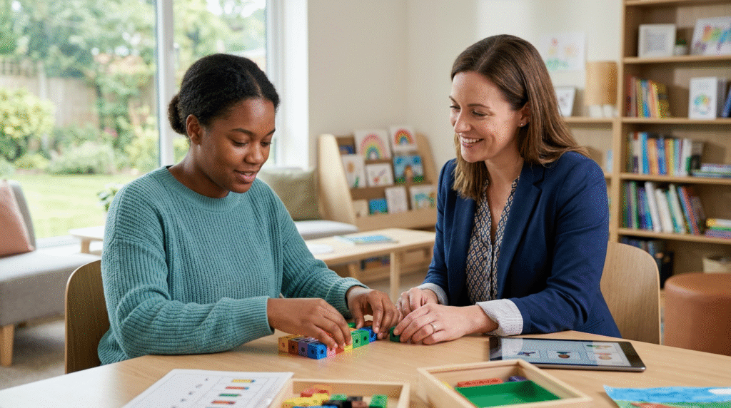 Diverse autistic individuals engaging in personalized activities with supportive professionals, illustrating comprehensive full spectrum ABA.