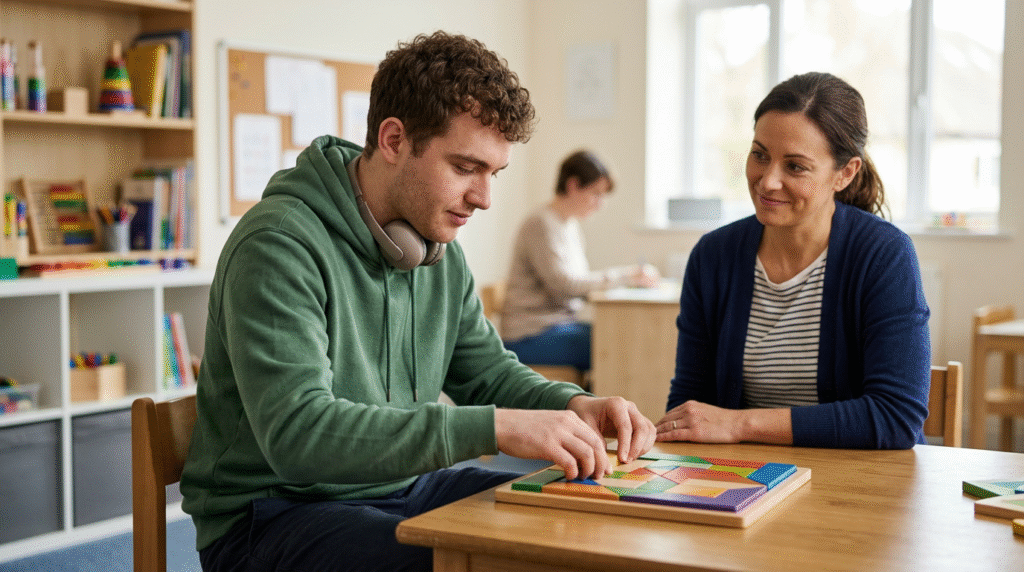 An adult and a child using a visual schedule, and another adult interacting with a teenager using an AAC device, illustrating comprehensive support for autistic individuals.