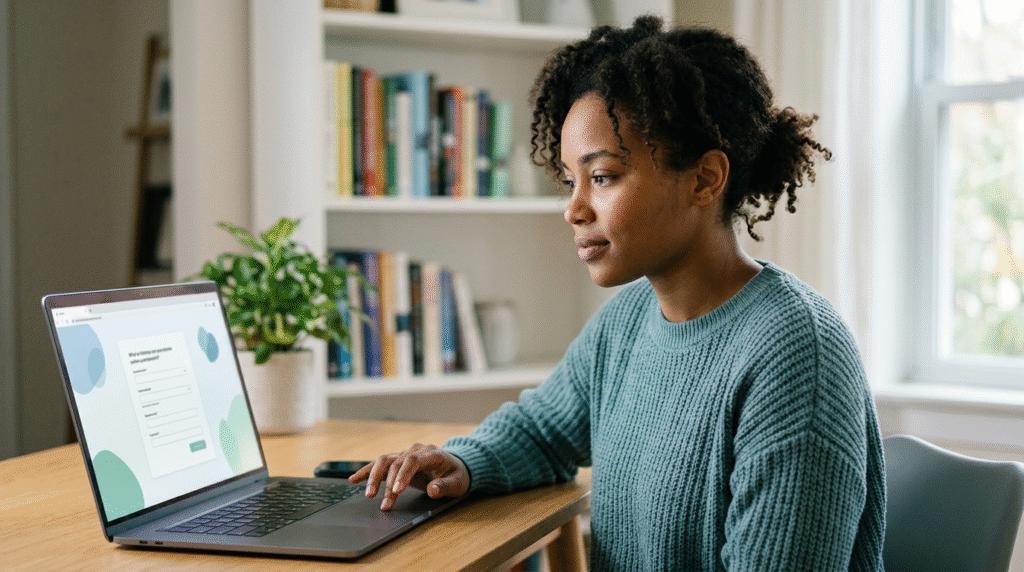 Person reflecting while looking at an online self-assessment questionnaire on a laptop screen.