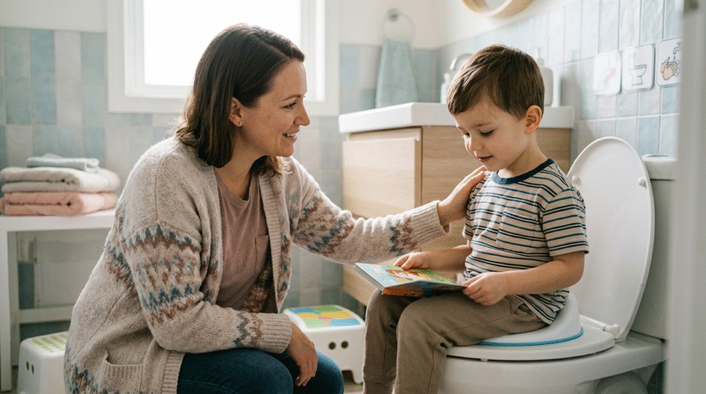A clean, child-friendly bathroom with a visual schedule on the wall, a step stool, and a small toilet seat insert, designed for an autistic child's potty training.