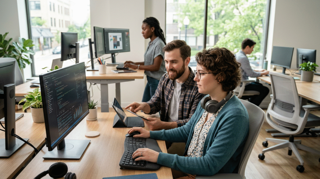 Autistic adults thriving in diverse professional roles within an inclusive workplace environment.