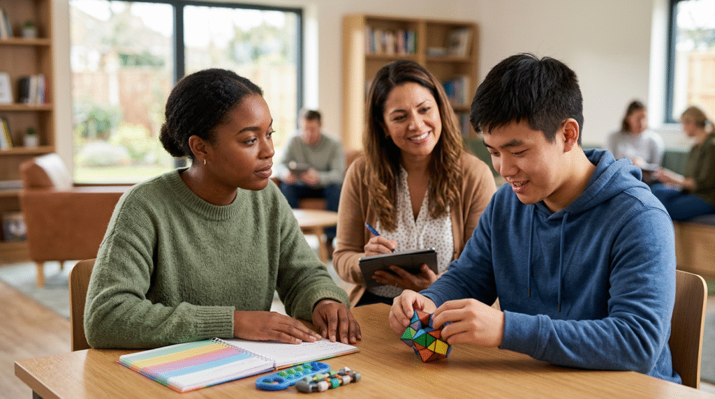 Individuals with Level 2 Autism Spectrum Disorder receiving moderate support in social communication and managing restricted behaviors, depicted through visual aids and guided interactions.