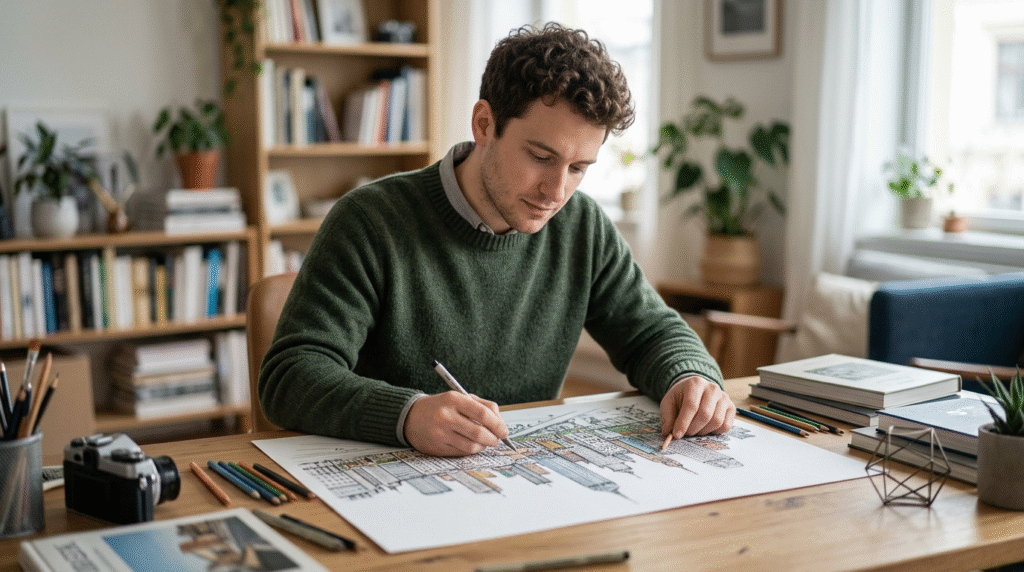 An individual with intense focus, meticulously drawing a detailed architectural structure from memory, showcasing extraordinary artistic talent associated with savant syndrome.