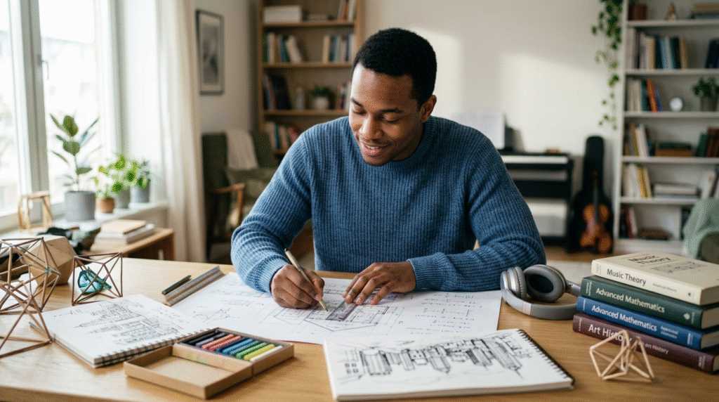 An autistic person demonstrating an exceptional talent, such as drawing intricate patterns or playing a musical instrument with intense focus, in a calm and supportive environment.