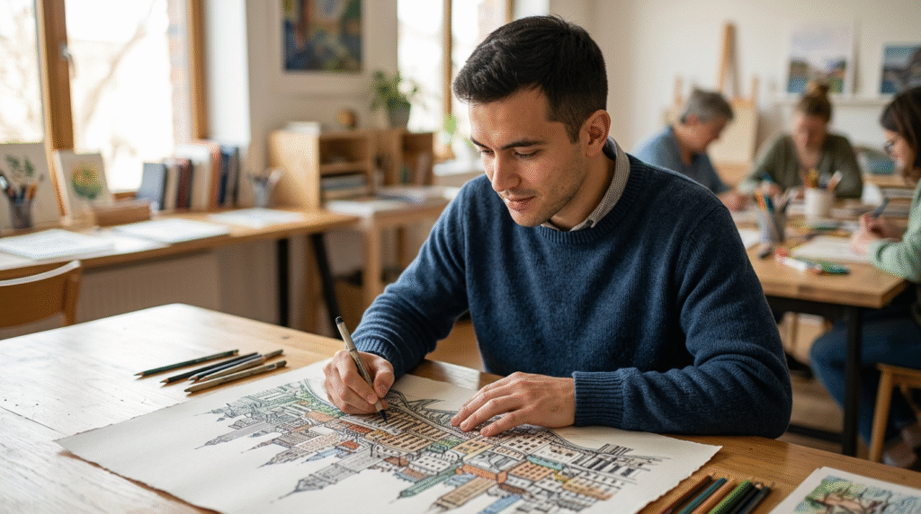 Illustration depicting diverse savant syndrome examples, such as a person meticulously drawing a complex scene or playing a musical instrument with intense focus, showcasing their extraordinary skills.