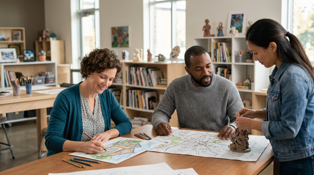 Artistic illustration of several individuals demonstrating different savant skills: drawing a cityscape, playing piano, reading many books, and sculpting an animal.