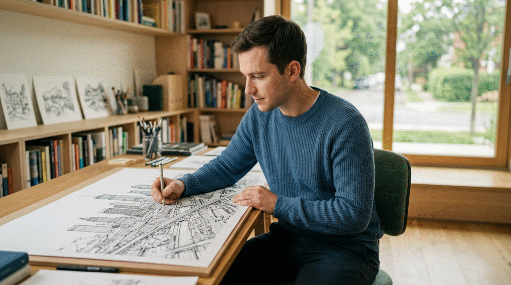Illustration of a person demonstrating a savant skill, such as drawing a detailed cityscape from memory or playing a piano with intense focus.