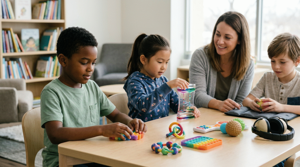 A collection of diverse sensory toys including a fidget spinner, textured ball, squishy toy, weighted lap pad, chewable necklace, glitter bottle, and noise-canceling headphones, arranged on a soft blanket.