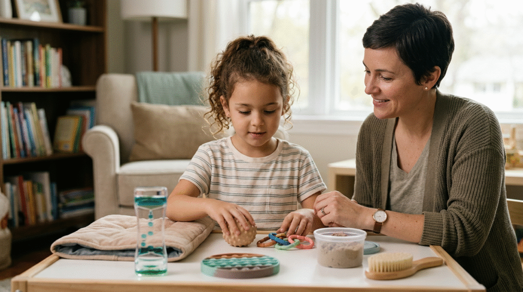An assortment of colorful sensory toys including fidgets, a light-up ball, and a weighted item, arranged on a table.