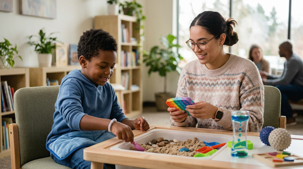 Autistic individuals of varying ages engaging with different sensory toys, demonstrating calm and focused interaction in a supportive setting.