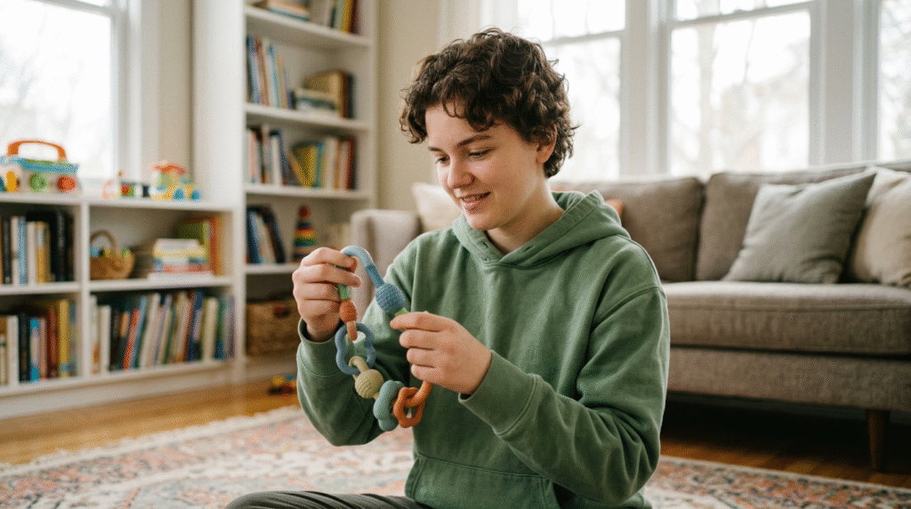 Autistic individuals of different ages engaging with various autism sensory toys, demonstrating focus and calm.