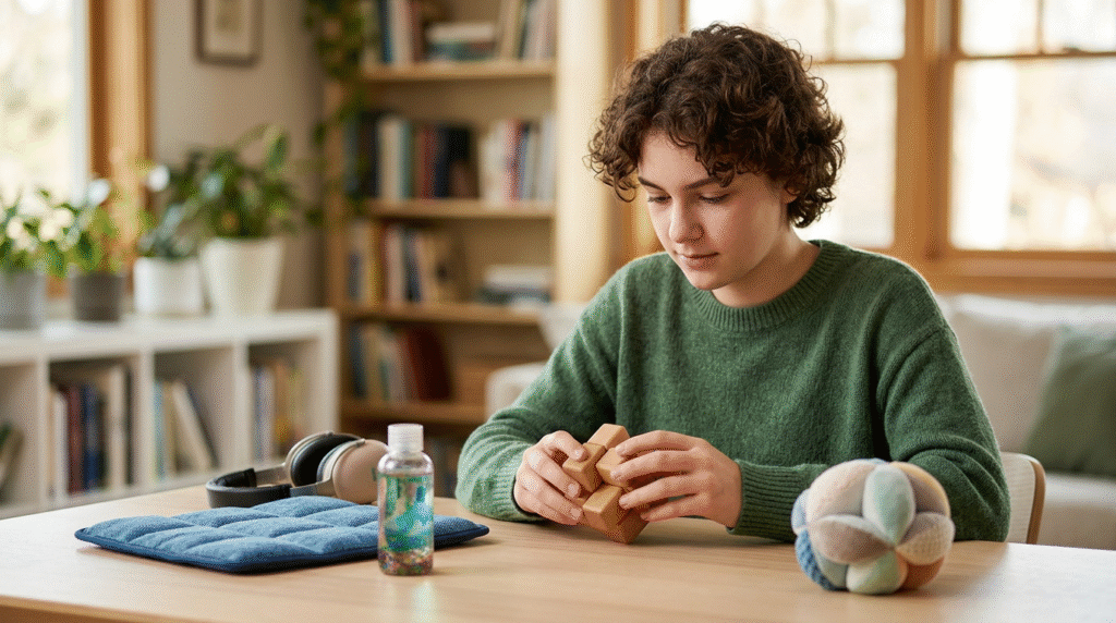Diverse autistic individuals of different ages engaging with various sensory toys in a calm and inviting sensory room.
