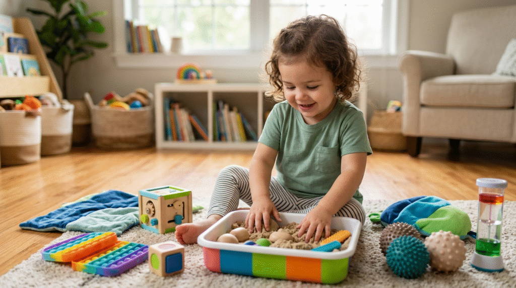 A group of happy toddlers, including autistic children, engaging with a variety of sensory toys like textured balls, light-up objects, and a small crash pad in a colorful play space.