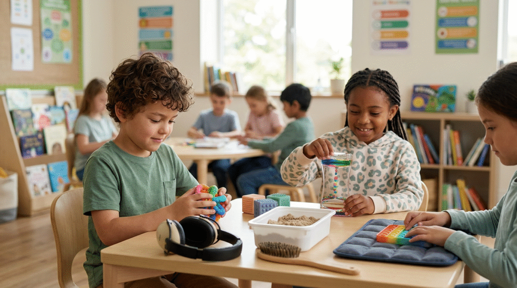 An autistic school-aged child using a weighted lap pad and a discreet fidget toy to help focus while studying at a desk.