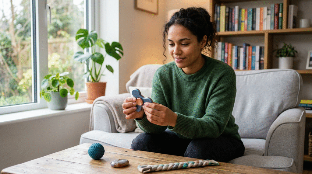 Autistic adults using various sensory toys discreetly in daily life, such as a fidget ring, stress ball, and chewable necklace, for regulation and well-being.
