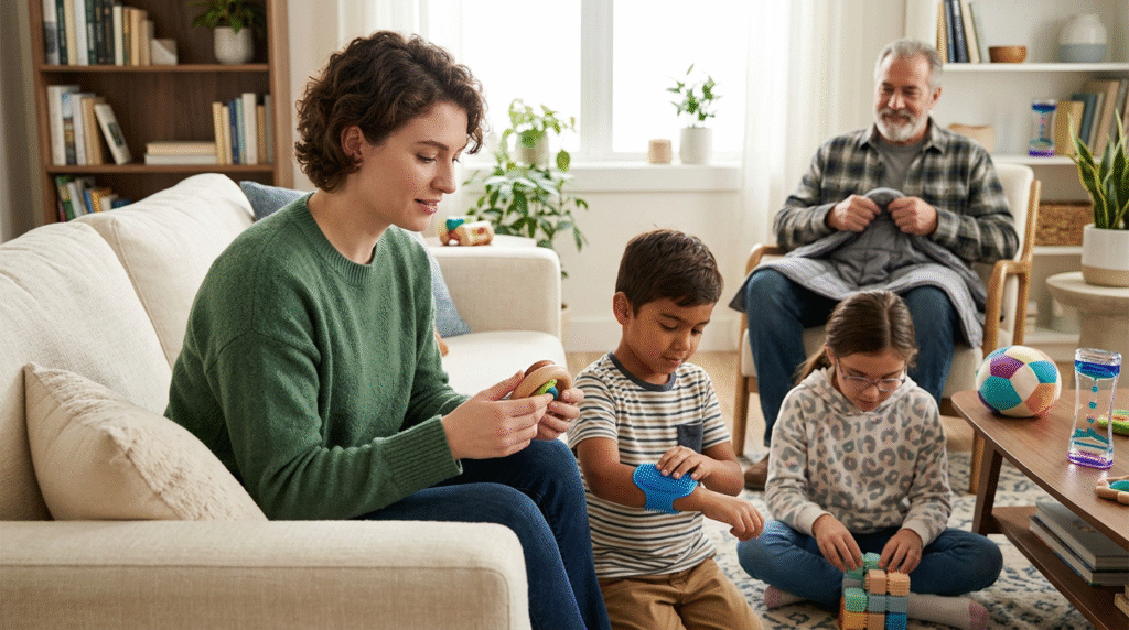 Autistic children and adults calmly engaging with various sensory toys like weighted blankets, fidgets, and bubble tubes in a peaceful setting.