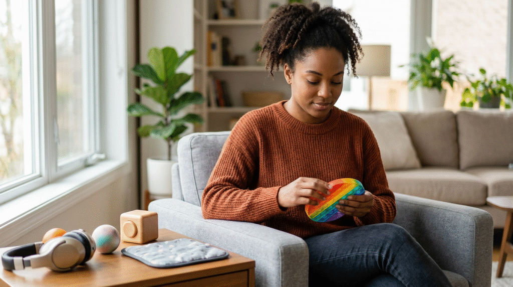 An autistic individual calmly using a small, textured stress sensory toy in their hand, demonstrating self-regulation in a potentially overwhelming environment.