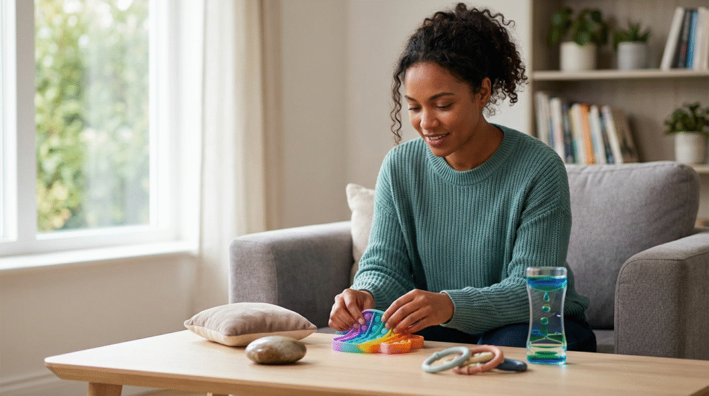 Autistic individuals of various ages using different sensory toys like fidget cubes, textured balls, and chewable jewelry to self-regulate and focus in everyday environments.