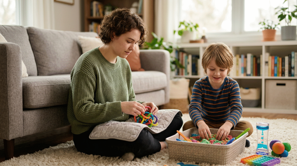 Autistic children and adults happily using various sensory seeking toys like swings, fidgets, and weighted items for regulation and engagement.