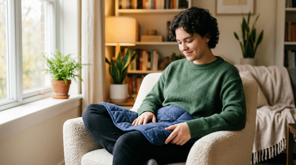A collection of deep pressure sensory toys, including a weighted blanket, lap pad, body sock, and squeeze balls, arranged on a soft surface.