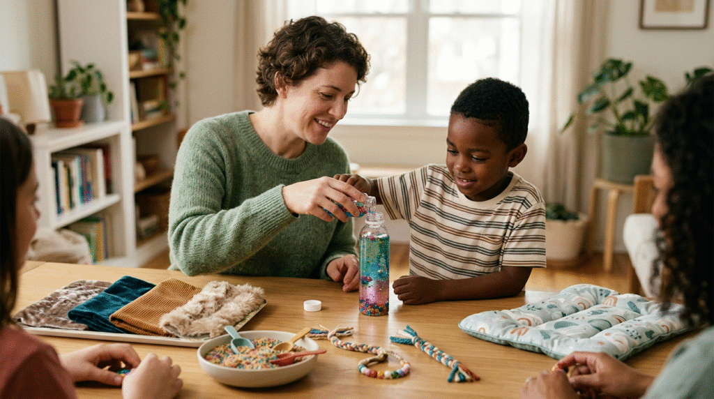 Assortment of colorful DIY sensory toys, including a glitter sensory bottle, a fabric stress ball, a sensory bin with pasta, and a textured board, being explored by hands.