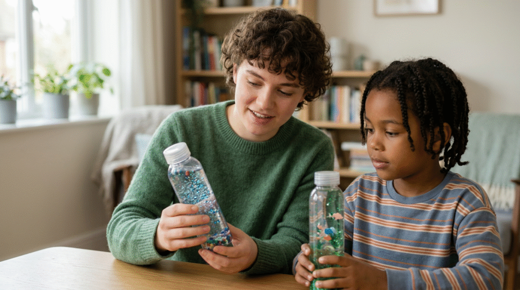 A clear plastic sensory bottle with blue and silver glitter swirling slowly in a liquid, creating a calming visual effect.