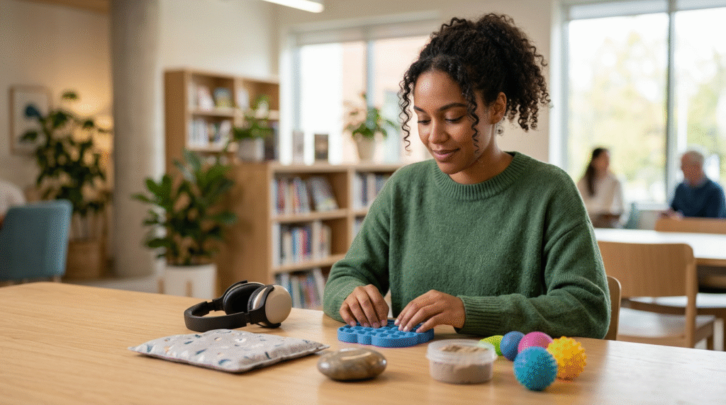 Diverse autistic individuals using various sensory regulation toys like stress balls, weighted items, and chewable jewelry in a calm environment.
