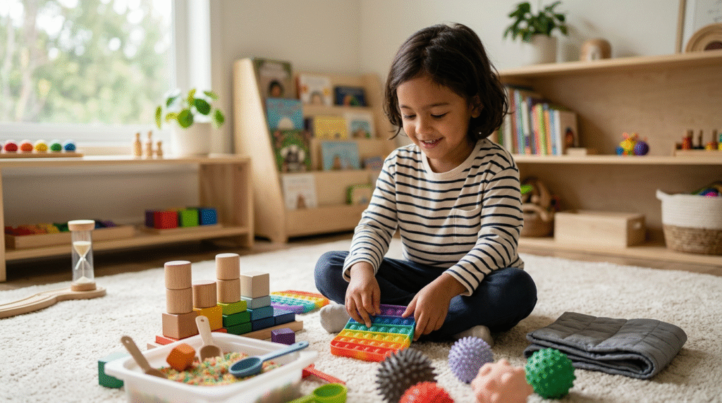 Autistic children playing with a variety of sensory toys like textured balls, liquid bubblers, and kinetic sand in a bright playroom.