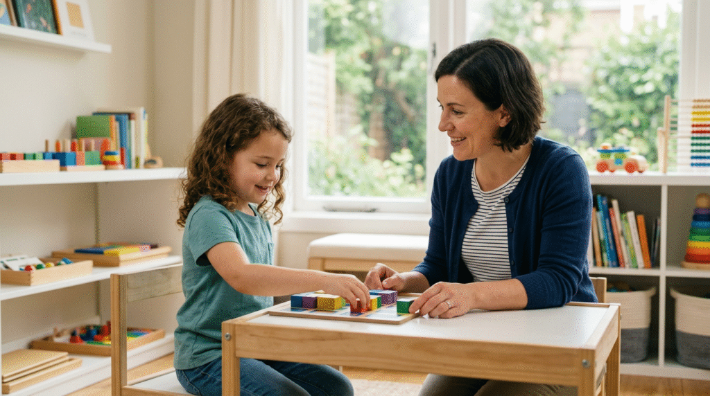 An autistic child and an adult therapist smiling and interacting positively during a play-based learning activity, demonstrating modern, person-centered ABA therapy.