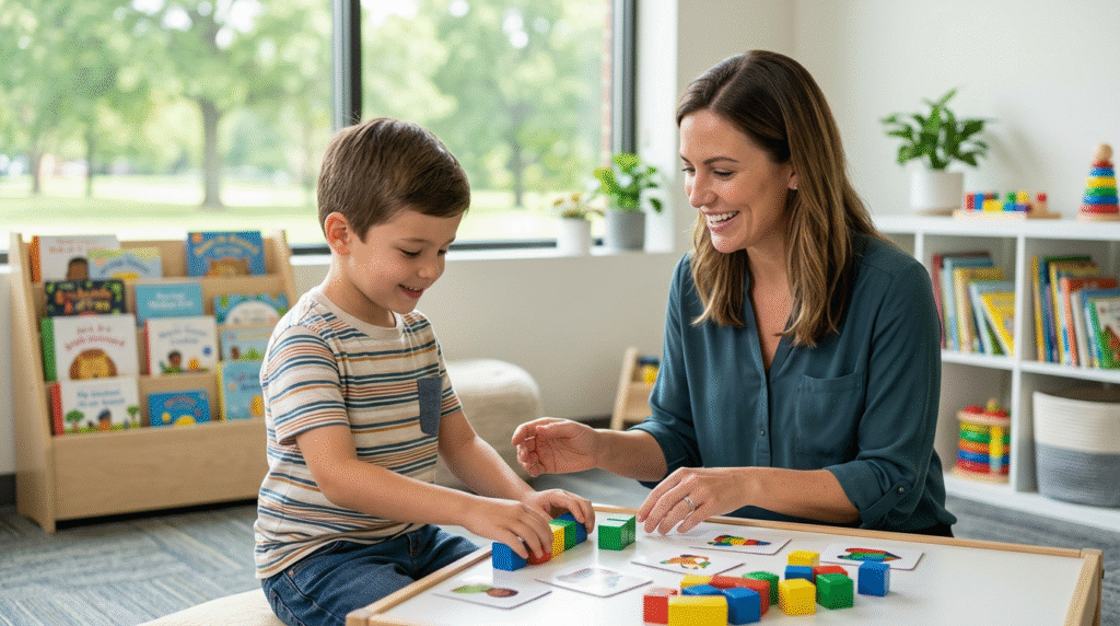 A family and an ABA therapist collaboratively reviewing a plan for an autistic child, symbolizing the process of finding and choosing therapy services.