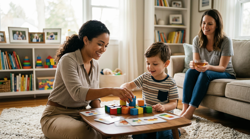 ABA therapist and autistic child engaged in a learning activity in a comfortable home living room.
