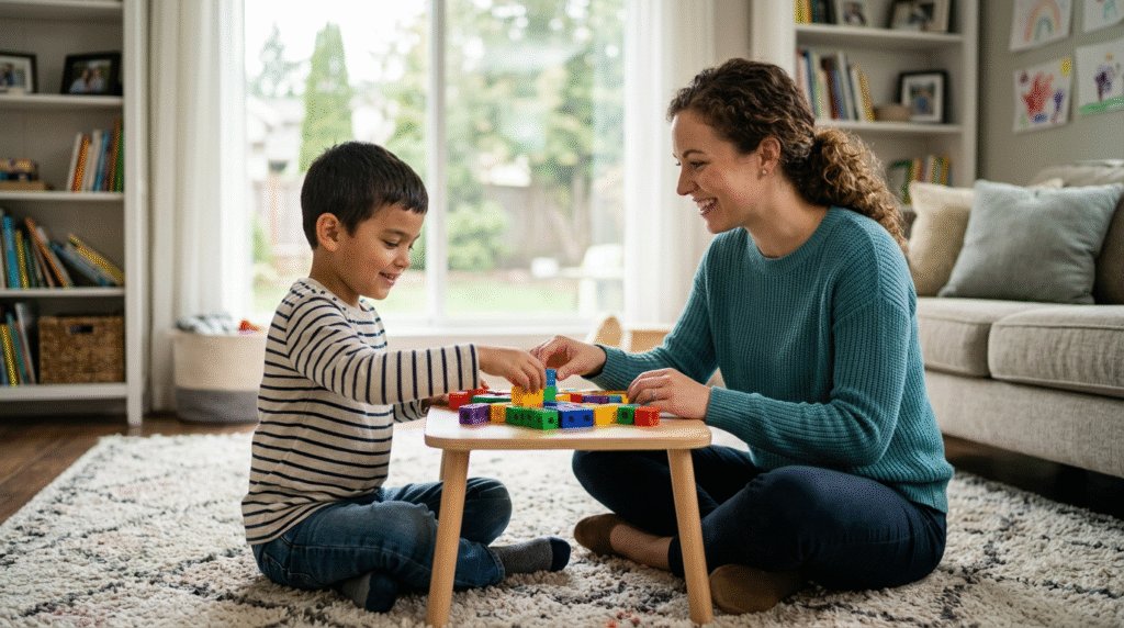 A family and an ABA therapist engaging in a learning activity in a home setting, showing collaborative and supportive interaction.