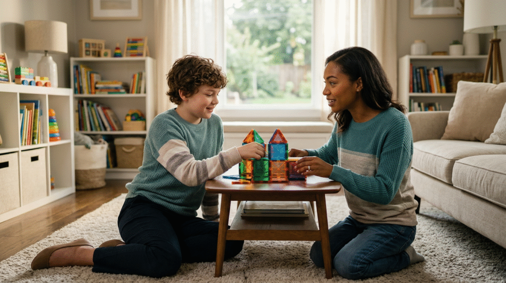 A family and an ABA therapist interacting positively during an at-home therapy session in a comfortable living room.