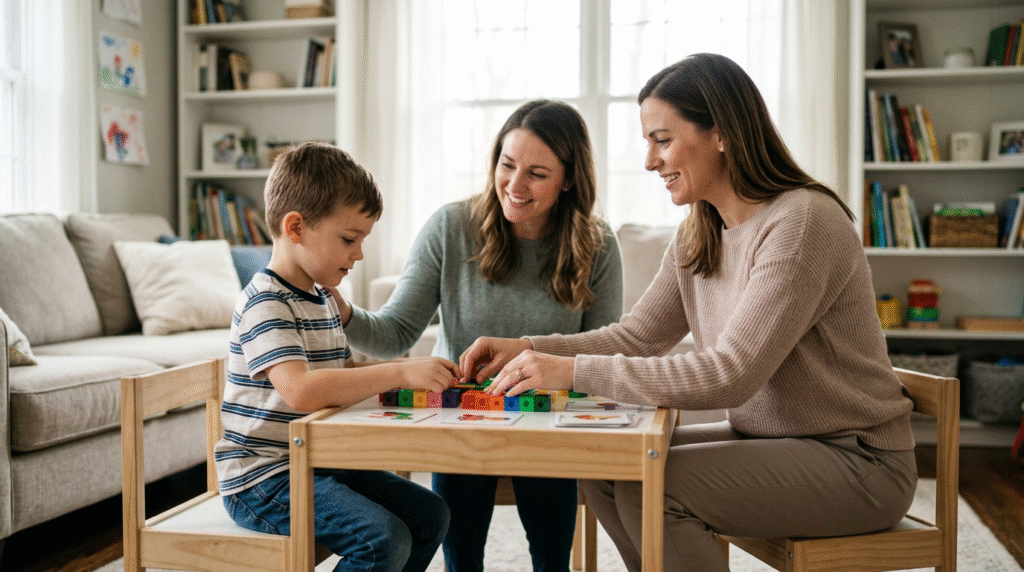 A parent and an autistic child playing together on a rug in their living room, with an ABA therapist nearby, illustrating active parental involvement in home-based therapy.