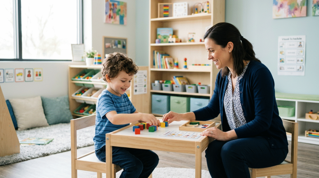A welcoming ABA therapy clinic playroom with a BCBA and RBT working with an autistic child, surrounded by diverse learning tools.