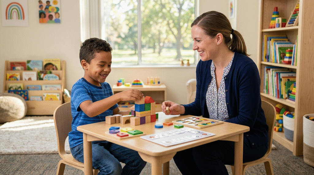 Children and adolescents with autism engaging in age-appropriate ABA therapy, including play-based activities and guided social interactions.