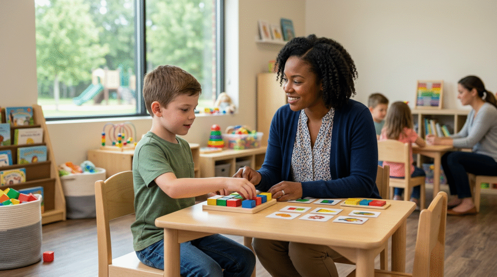 A therapist engaging with an autistic child and their caregiver in a supportive, play-based ABA therapy session.