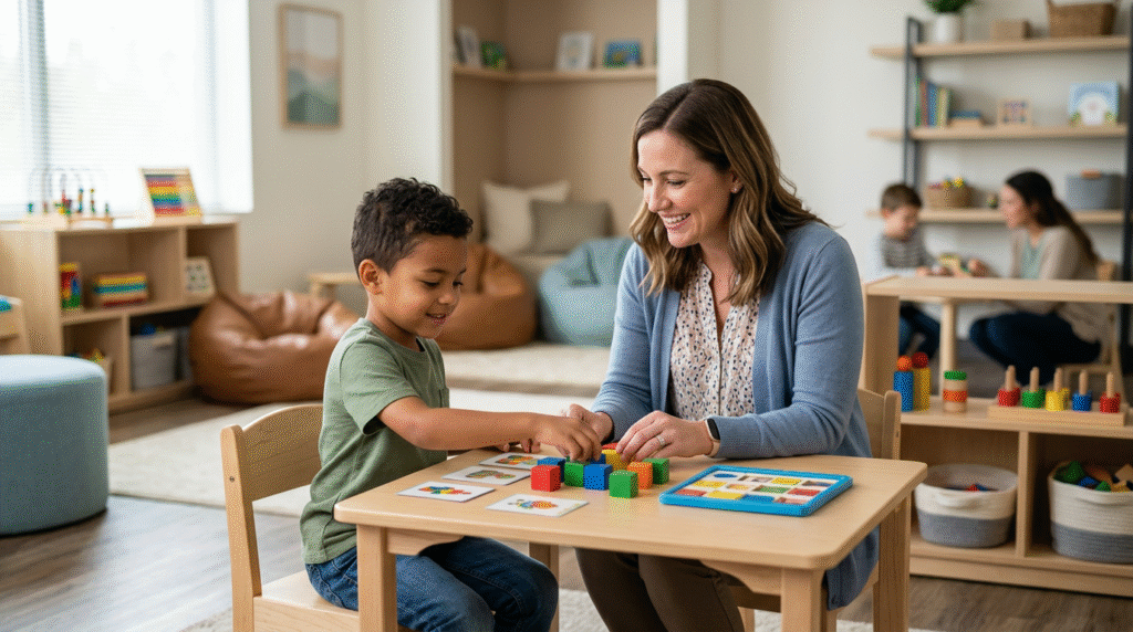 A welcoming and organized ABA therapy center playroom with children and therapists engaged in various learning and play activities.