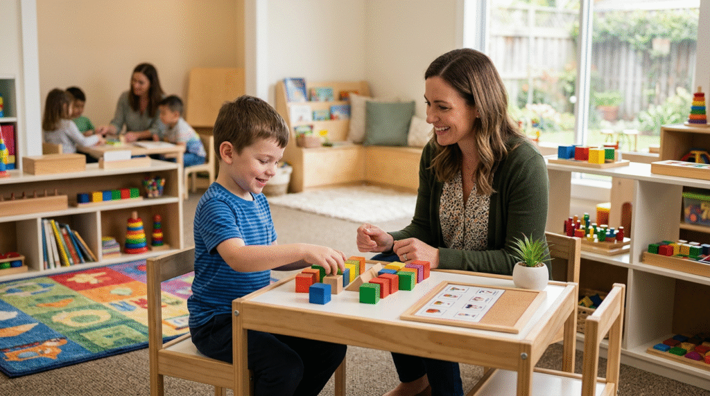 Children on the autism spectrum engaging in play and learning activities with a therapist in a bright, well-equipped center-based ABA therapy room.