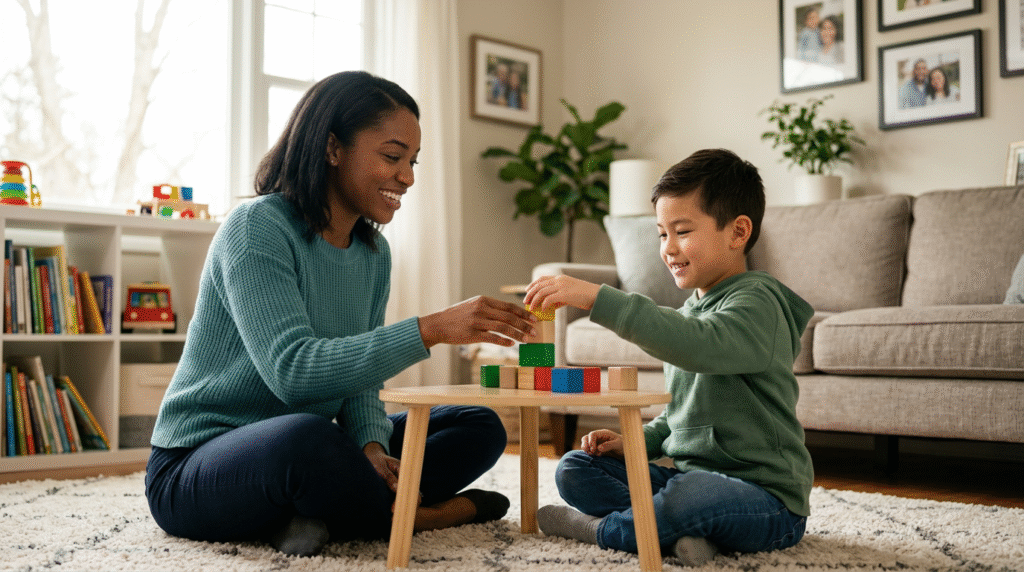 An autistic child playing with a therapist and parent in a comfortable home setting, illustrating effective home-based ABA therapy.