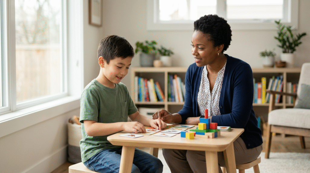 A family reviewing financial documents and a laptop, planning for ABA therapy costs.