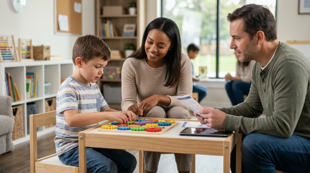A parent and child reviewing insurance documents and a laptop at home, planning for ABA therapy coverage.